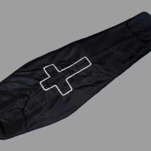 Black filled coffin pad, gold cross and elastic