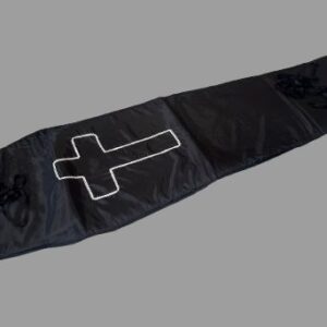Black filled coffin pad, gold cross and strings