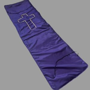 Purple filled casket pad, gold cross and elastic