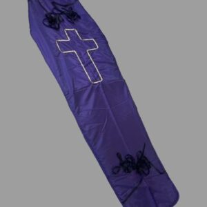 Purple filled coffin pad, gold cross and strings